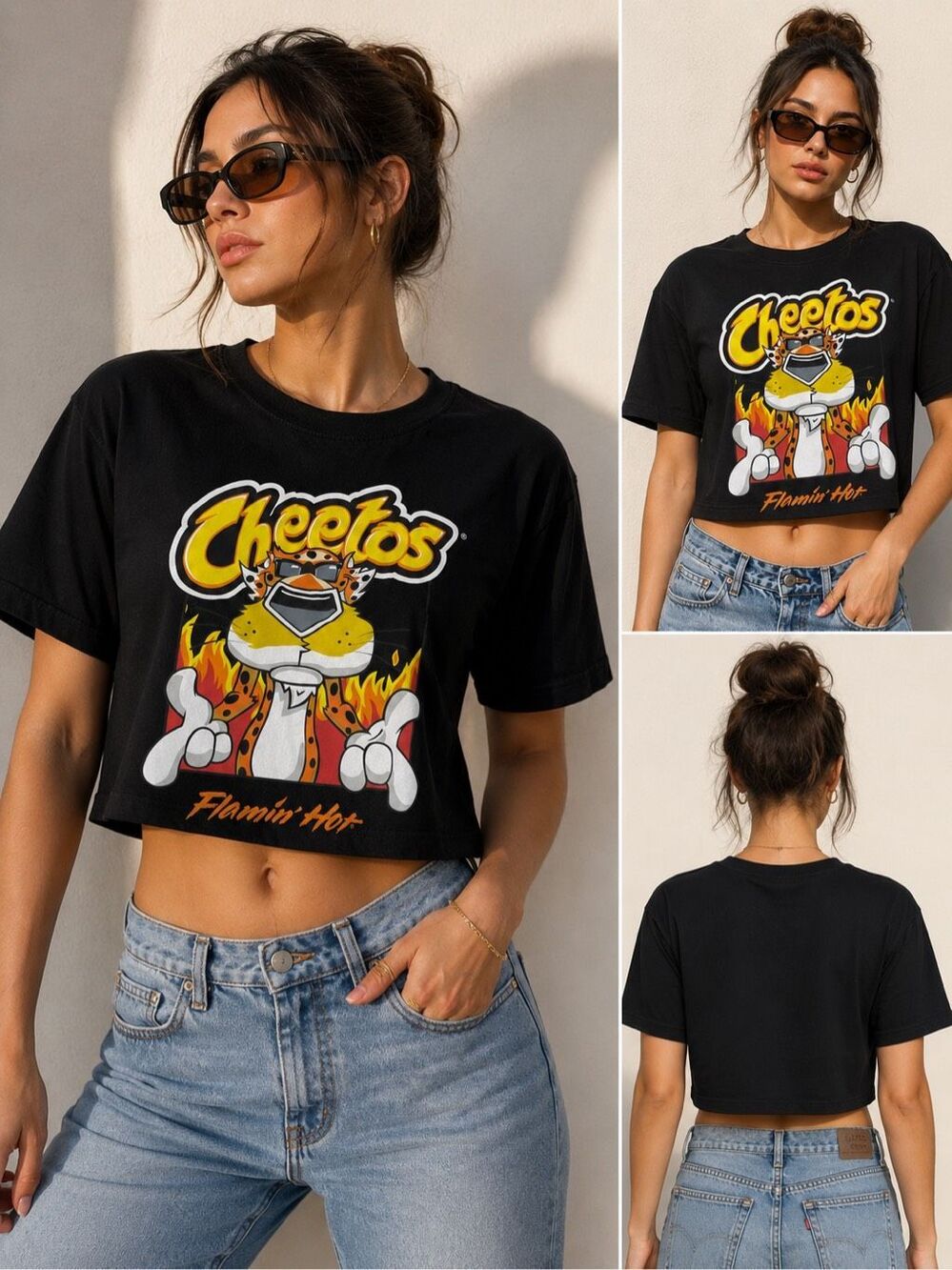 Cheetos Flamin Hot Black Crop Top Graphic T Shirt Womens Size M Cotton Blend Tee